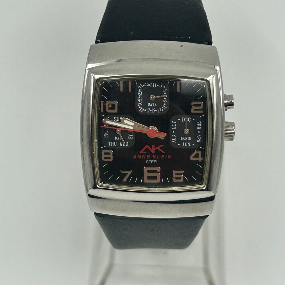 Anne Klein Steel Silver Black Leather Women’s Watch, 29mm Working New Battery